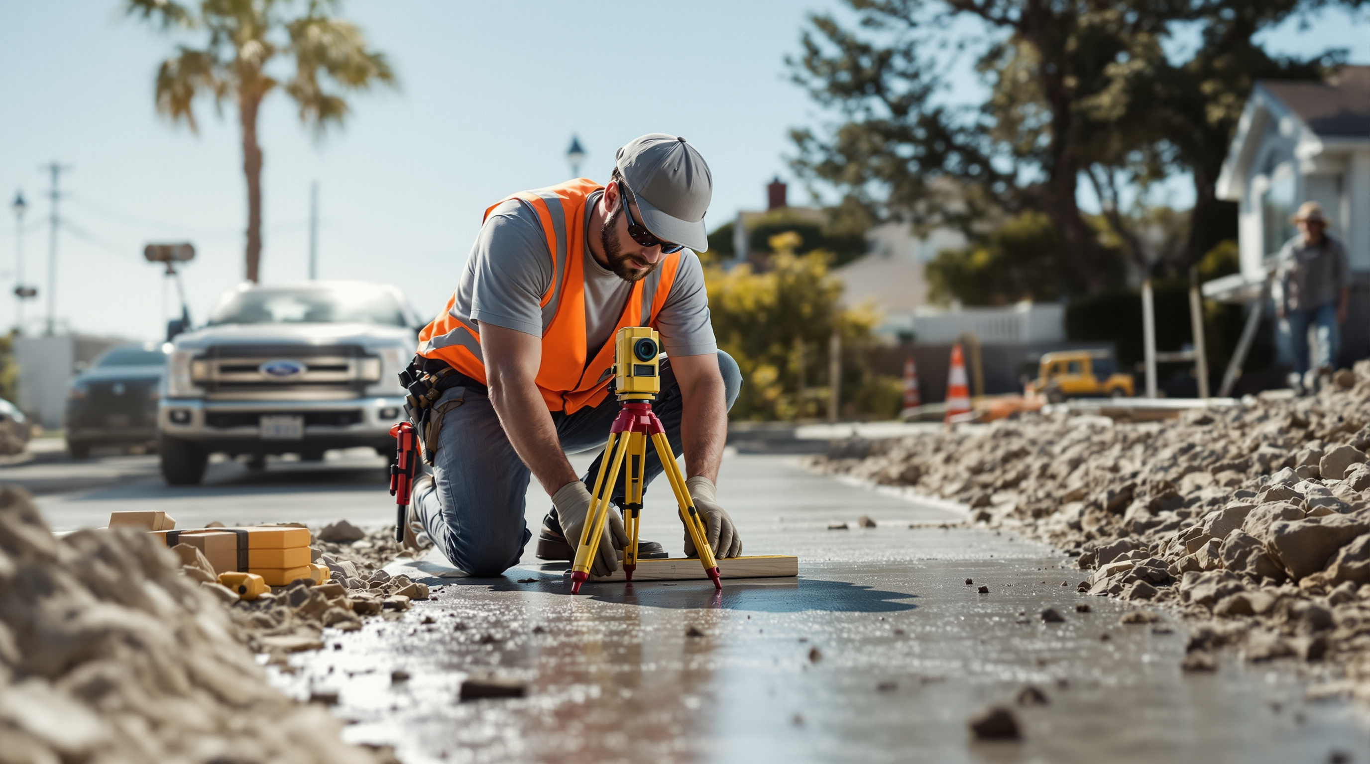 concrete driveways san diego - professional concrete contractor measuring San Diego driveway with survey equipment, coas
