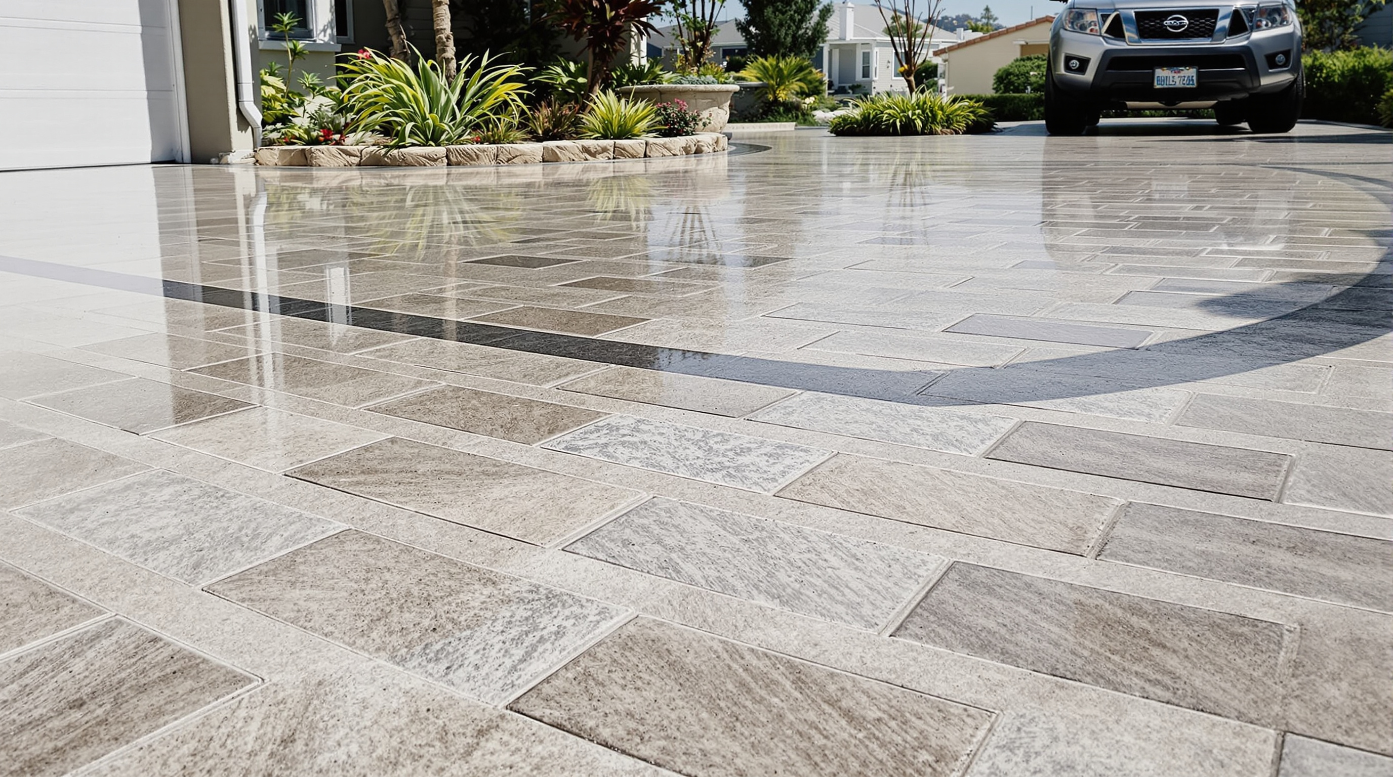 concrete driveways san diego - newly installed stamped concrete driveway in San Diego with contrasting borders, clean fi