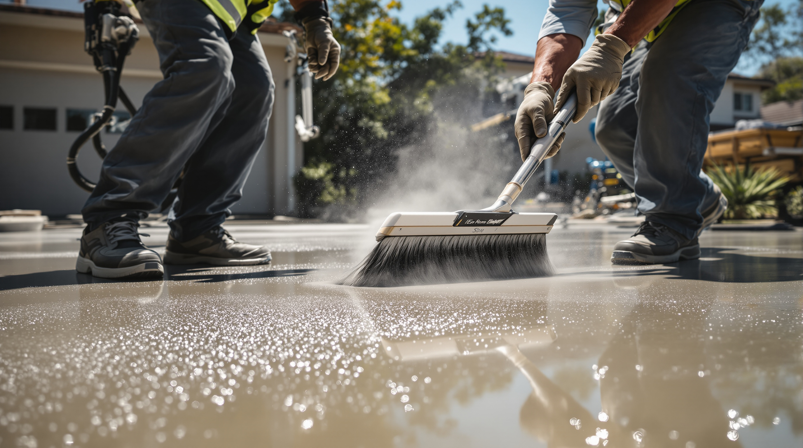 concrete driveways san diego - maintenance professional sealing finished concrete driveway in San Diego with brush appli
