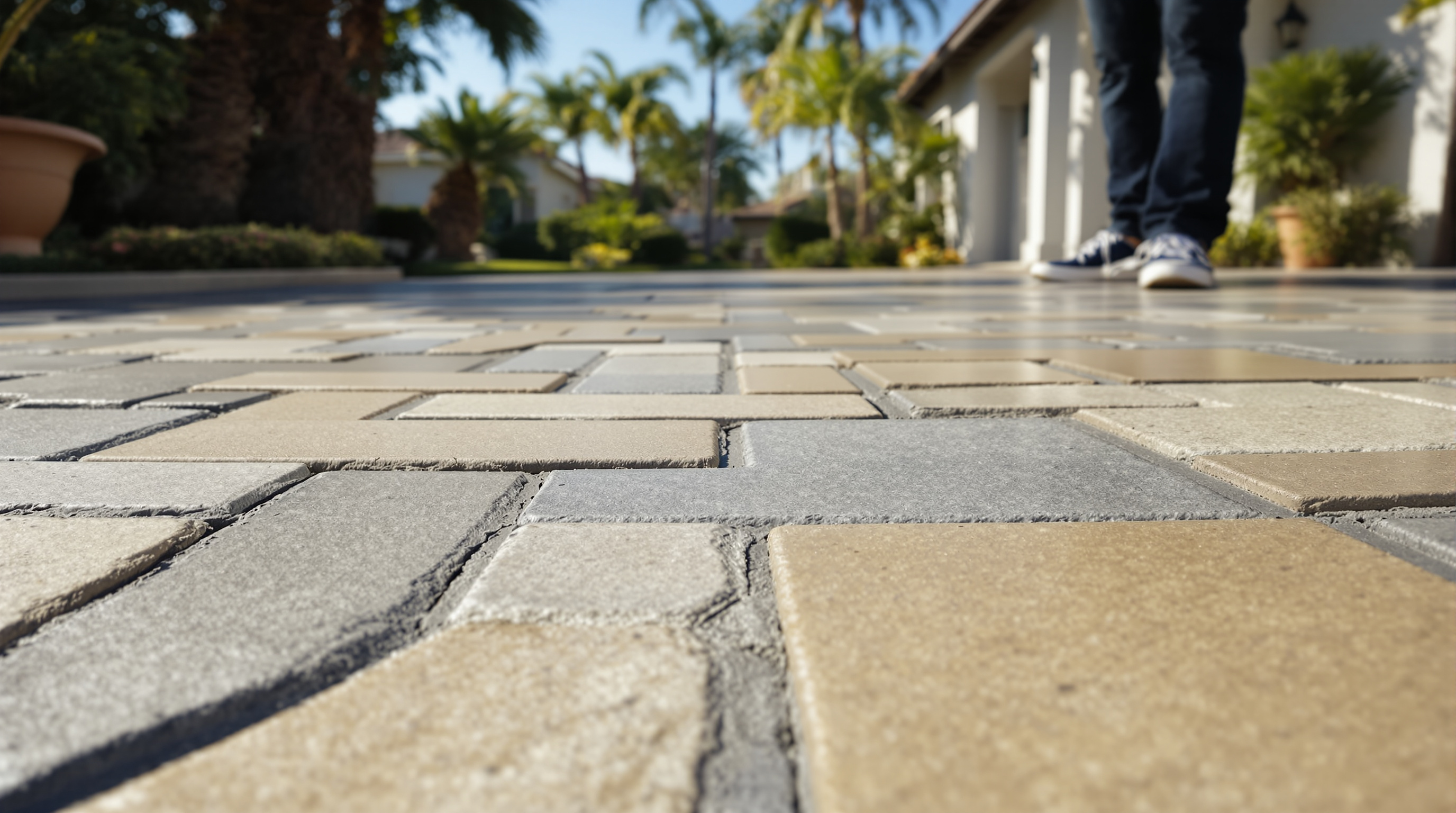 stamped concrete san diego - photorealistic close-up of stamped concrete driveway with ashlar slate pattern in gray and