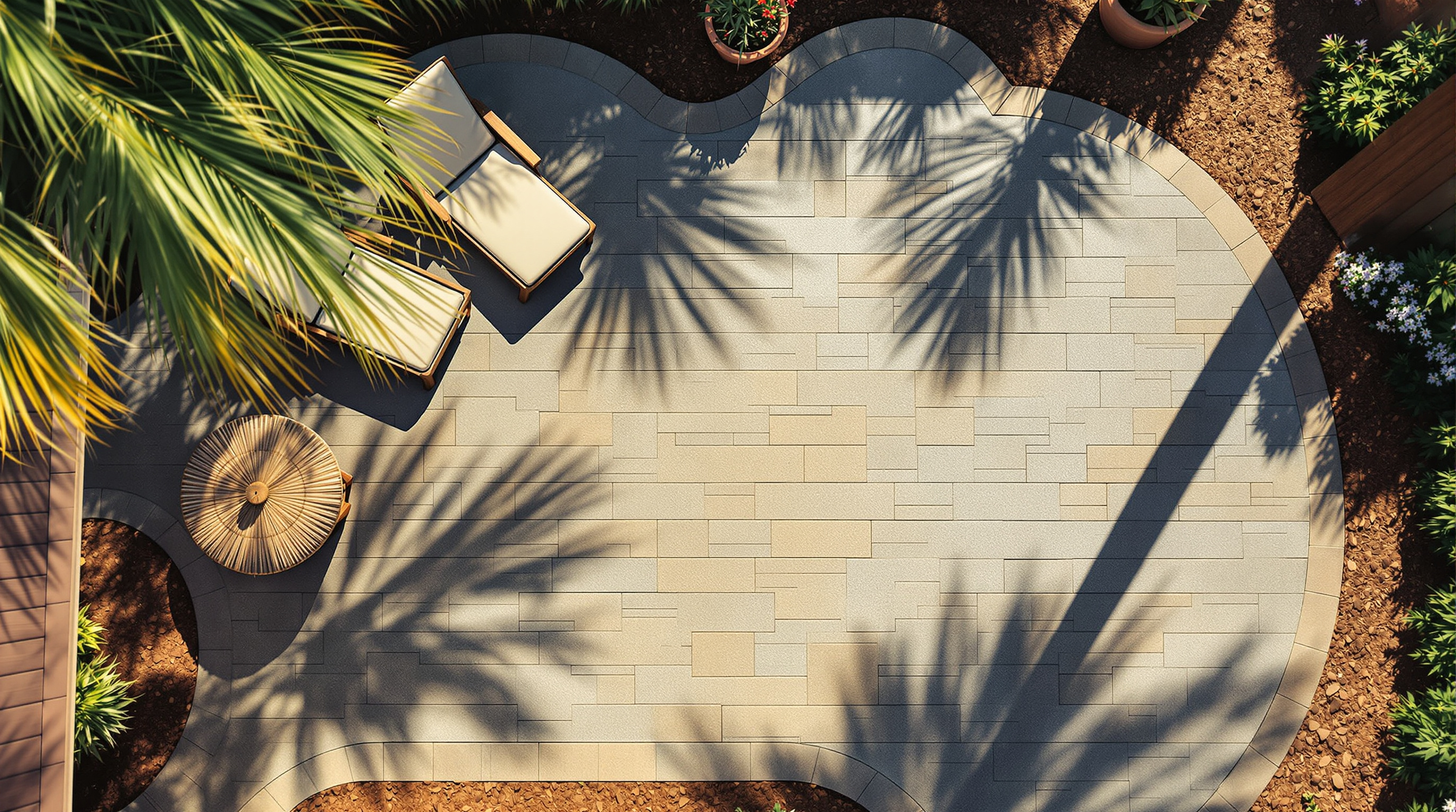 stamped concrete san diego - photorealistic overhead view of completed stamped concrete patio with flagstone pattern in
